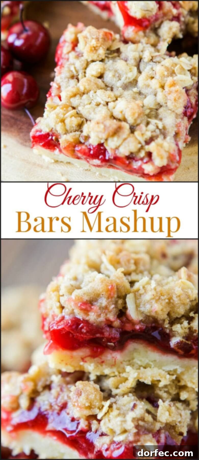 A close-up of delicious Cherry Chocolate Chip Bars, loaded with coconut and cherries. ohsweetbasil.com
