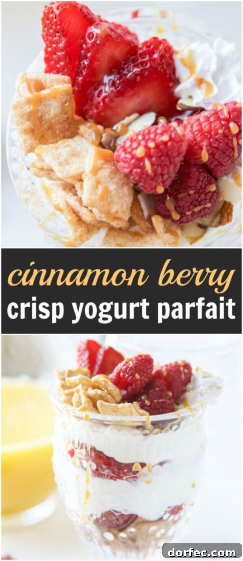 Overhead shot of a beautifully layered Cinnamon Berry Crisp Yogurt Parfait, emphasizing fresh berries, Mom's Best Toasted Cinnamon Squares, and creamy yogurt.