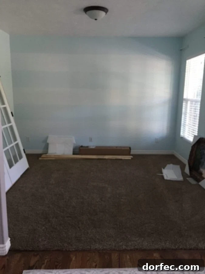 Initial view of the front room before home office transformation, highlighting its potential.
