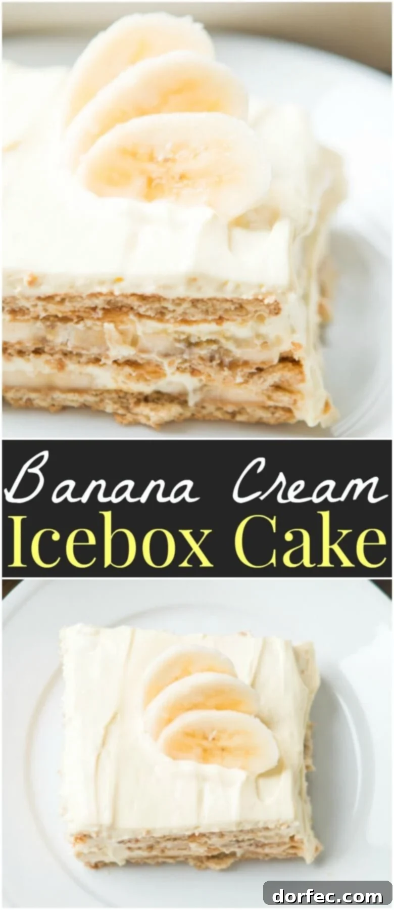 Our family goes crazy for banana cream pie so a banana cream icebox cake was a must! It's just as delicious but even easier to make! Beautifully garnished banana cream icebox cake slice