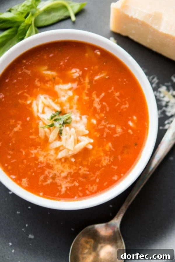 Rich and creamy Zupas Copycat Tomato Basil Orzo Soup, perfect for a cozy meal.