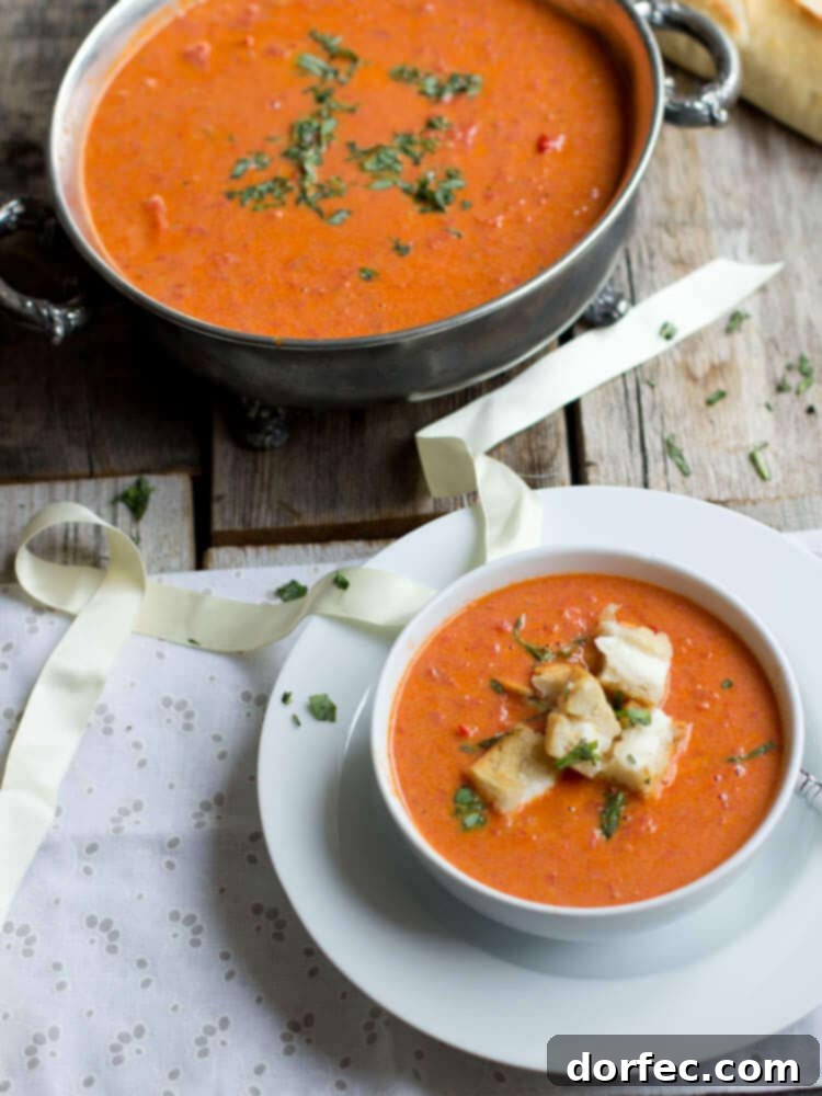 Classic Roasted Tomato Basil Soup served with small, crispy grilled cheese bites, ideal for dipping.