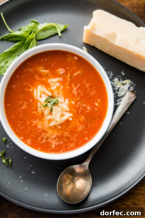 A steaming bowl of Zupas Copycat Tomato Basil Orzo Soup, ready to be enjoyed with a sprinkle of Parmesan.