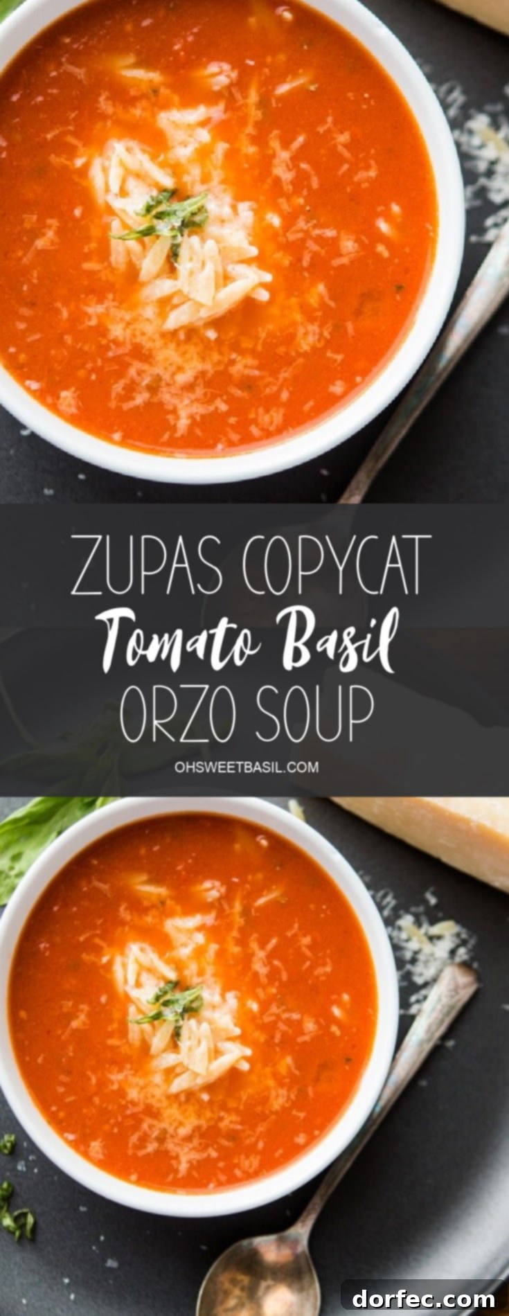 A beautifully presented bowl of Zupas Copycat Tomato Basil Orzo Soup, garnished with fresh basil and grated cheese, ready to be enjoyed.