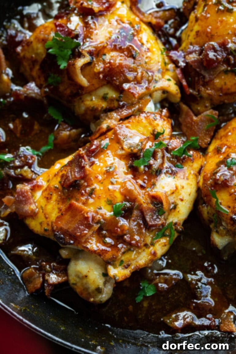 A close-up photo of a golden pan-seared chicken thigh topped with crumbled bacon and fresh chopped cilantro, highlighting its delectable texture.