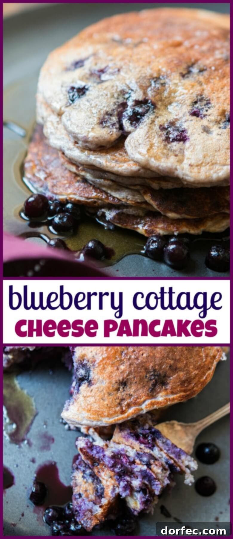 A stunning vertical shot of a large stack of healthy wild blueberry cottage cheese pancakes, beautifully plated with syrup and fresh berries, perfect for a wholesome and satisfying breakfast.