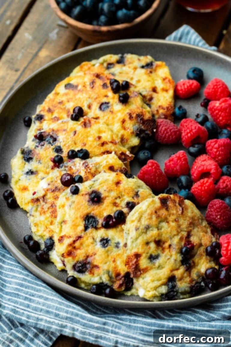 A plate of golden-brown blueberry cottage cheese pancakes drizzled with syrup and garnished with fresh raspberries and blueberries, presenting a vibrant and healthy breakfast option.
