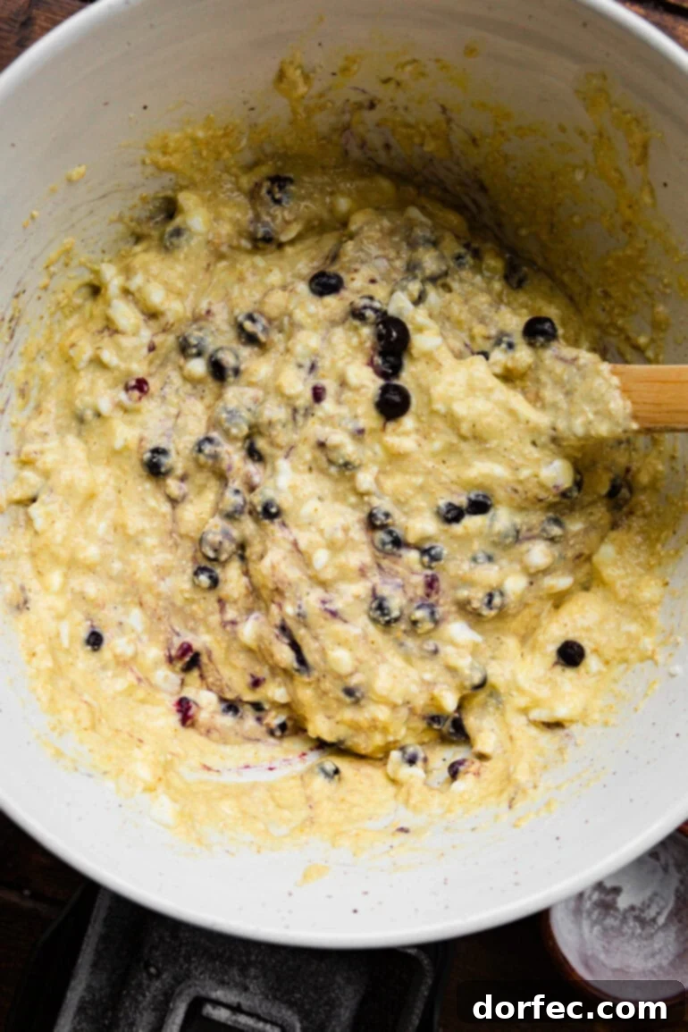A bowl of creamy blueberry cottage cheese pancake batter being gently mixed with a wooden spoon, showcasing the rich texture and vibrant blueberries.