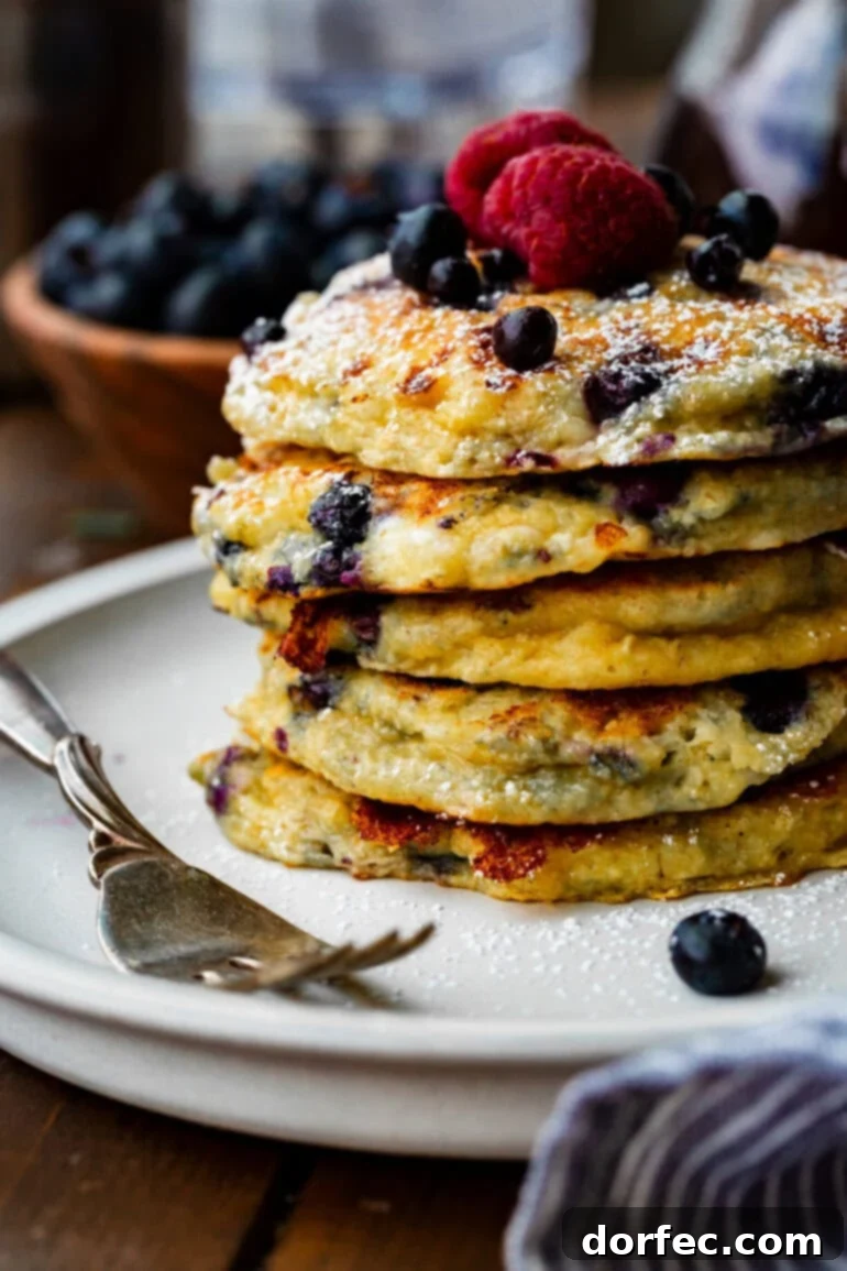 A beautifully arranged stack of golden blueberry pancakes on a plate, adorned with fresh raspberries and blueberries, ready to be enjoyed.