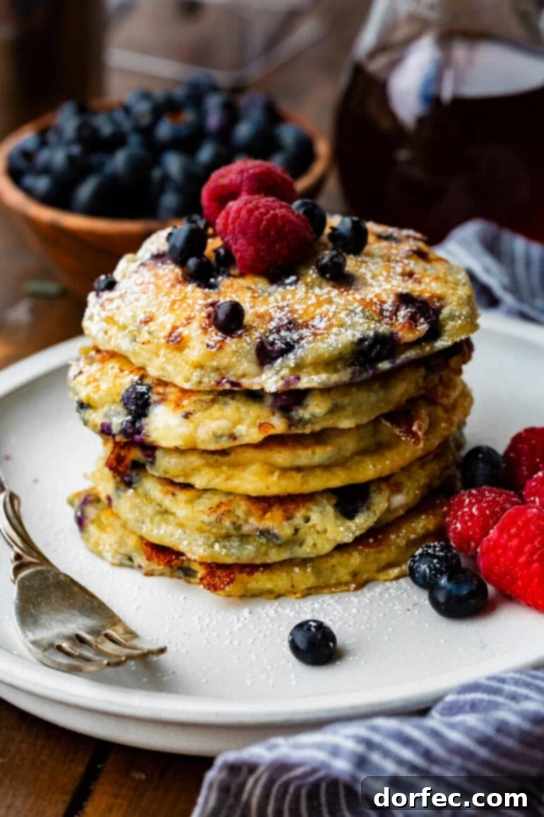 A charming stack of blueberry pancakes, lightly dusted with powdered sugar and adorned with fresh blueberries and raspberries, resting on a pristine white plate with a fork nearby.