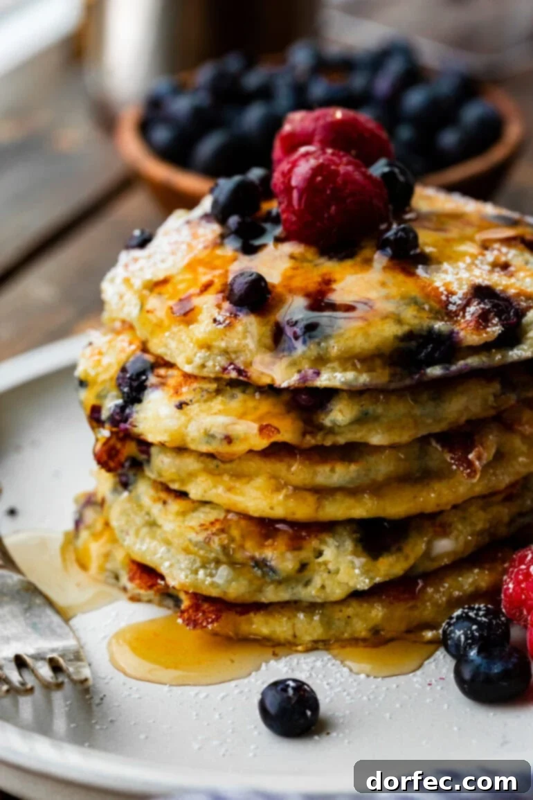 A delectable stack of blueberry cottage cheese pancakes, generously covered in rich maple syrup and adorned with fresh raspberries and blueberries.