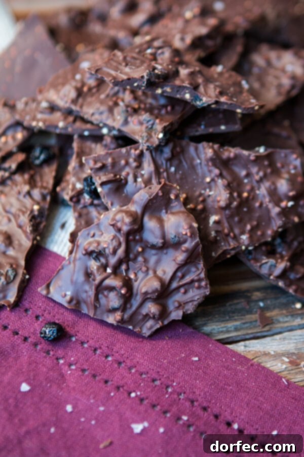 Gourmet Chocolate Blueberry Quinoa Bark with a perfect blend of sweetness and crunch. Homemade chocolate blueberry quinoa bark broken into elegant pieces, ready for serving.