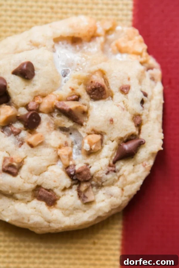 Warm and Gooey Marshmallow Toffee Cookies A close-up of a warm, gooey marshmallow toffee cookie, still on the baking sheet, showing melted marshmallow and toffee bits.