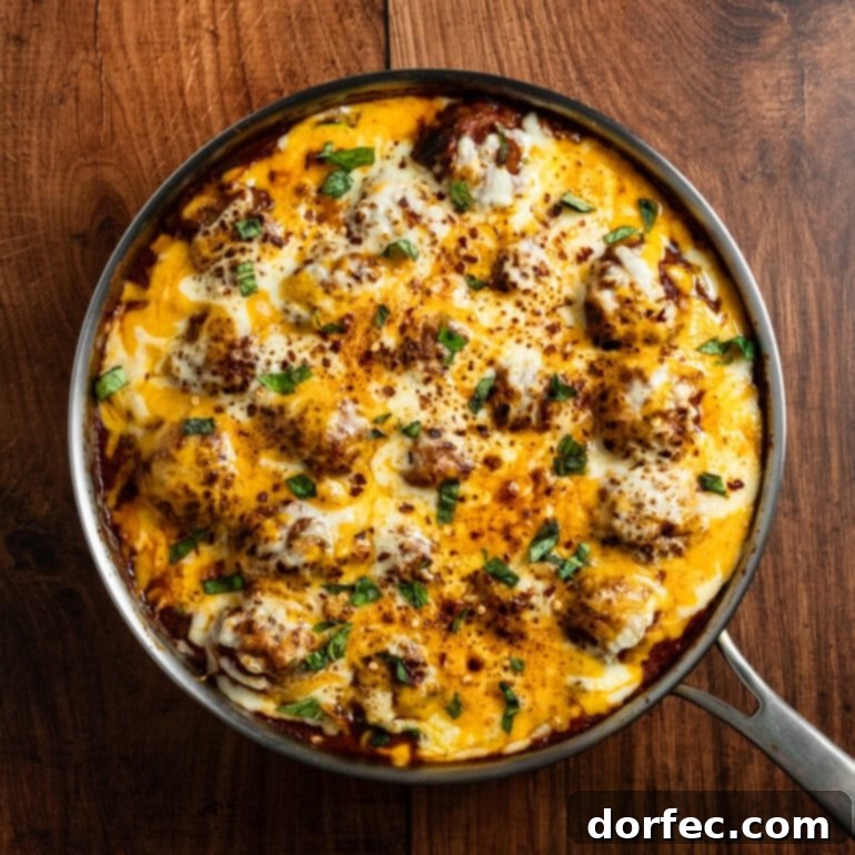 Hearty Cheesy Meatball and Zucchini Skillet 2 a photo of a large skillet full of a mixture of meatballs and zoodles in marinara sauce and topped with melted cheese and chopped fresh basil