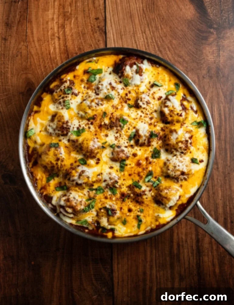 Hearty Cheesy Meatball and Zucchini Skillet 8 an overhead photo of a skillet full of protein and squash noodles