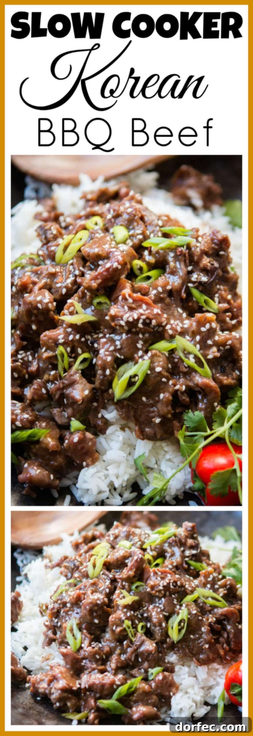 Large overhead shot of Slow Cooker Korean BBQ Beef with various side dishes, emphasizing its versatility and family appeal.