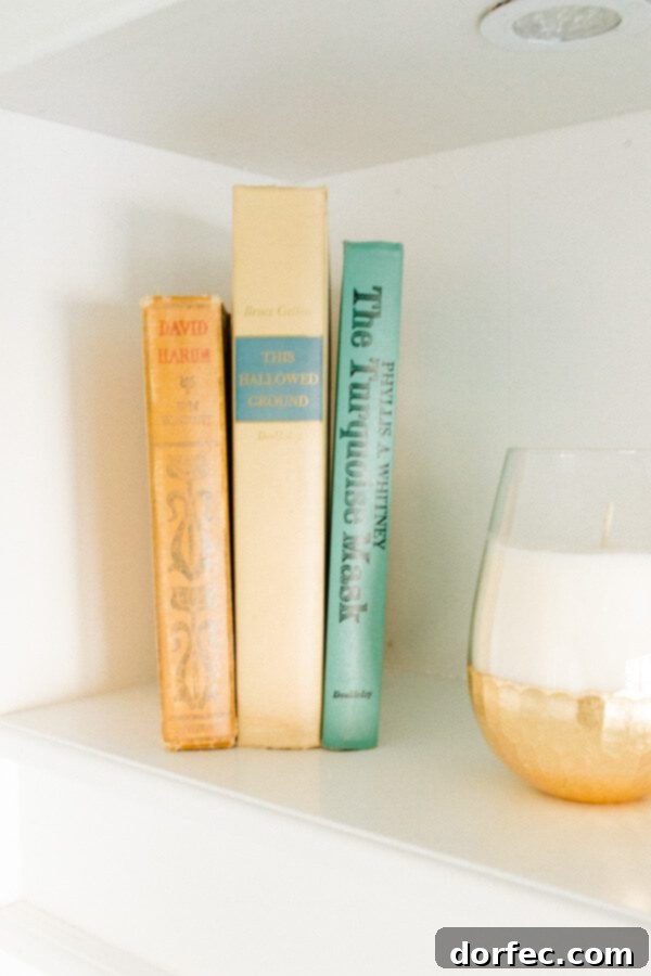 Curated vintage books enhance the decor with timeless charm. Vintage books add character and texture to a modern office bookcase