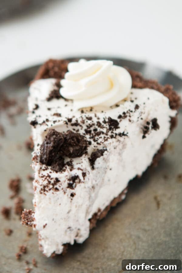 A beautiful slice of homemade Oreo cream pie with its chocolate graham cracker crust, presented on a silver serving tray, ready to be enjoyed.