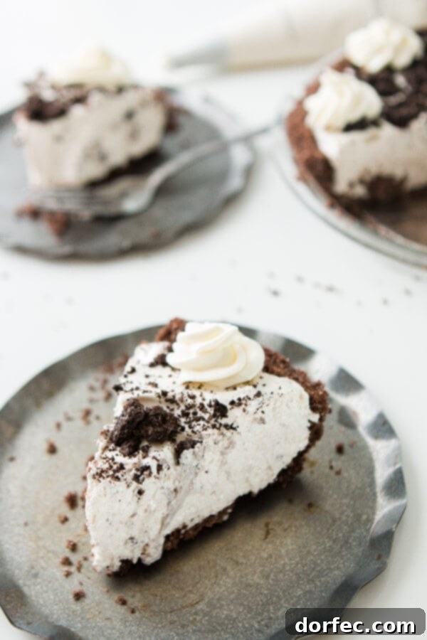 A pristine slice of No-Bake Oreo Pie with its irresistible chocolate graham cracker crust, presented on a silver serving plate.