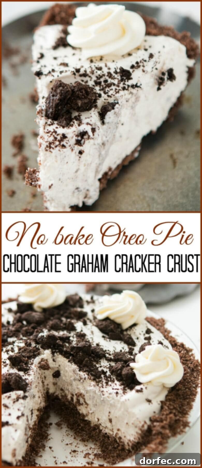 A photo collage displaying multiple delectable slices of No-Bake Oreo Pie with chocolate graham cracker crust on a silver serving plate.