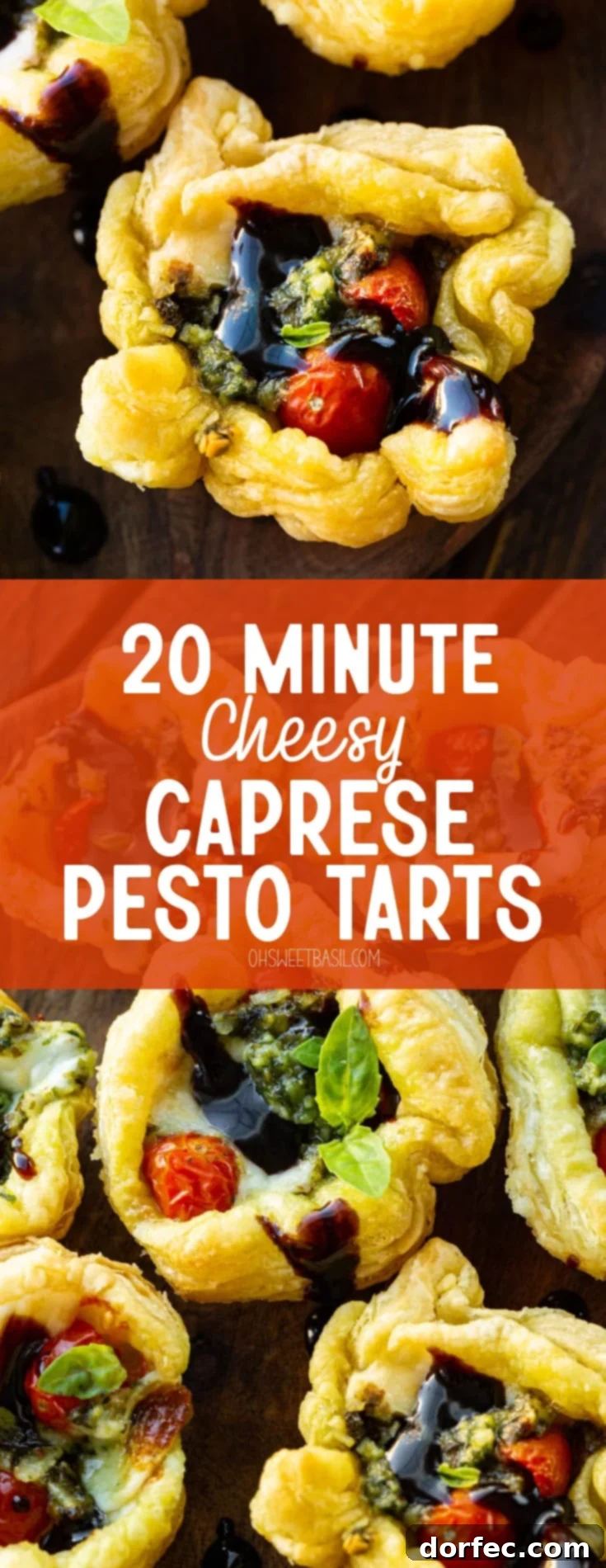 a photo of several pesto tartlets topped with balsamic glaze, basil and tomatoes