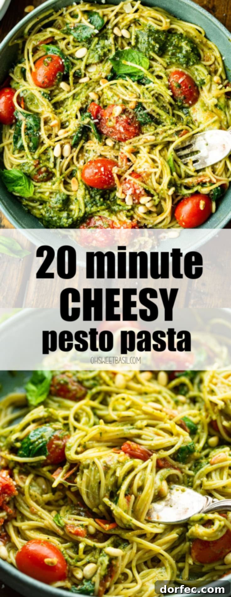 A close-up photo of a fork scooping up a delicious portion of pesto-covered angel hair pasta from a large bowl, showcasing the rich sauce and enticing ingredients.