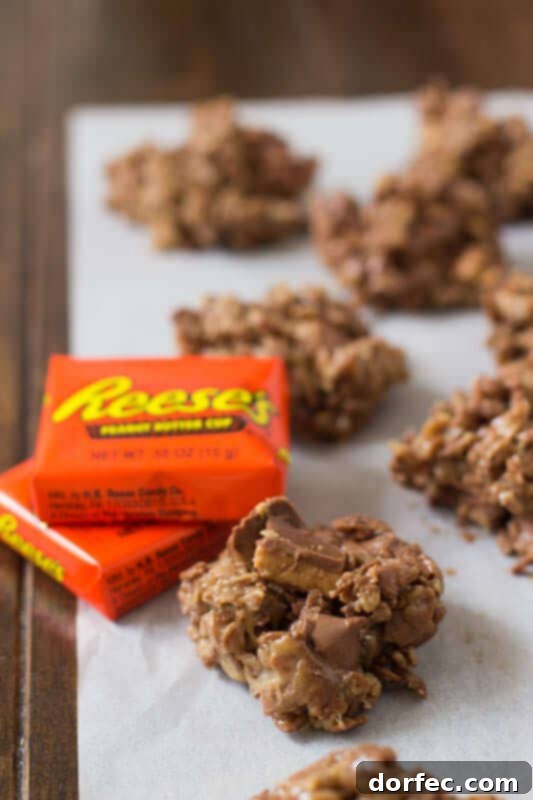 Cocoa Krispies loaded with sticky peanut butter, melty chocolate, and nuggets of delicious Reese's peanut butter cups.