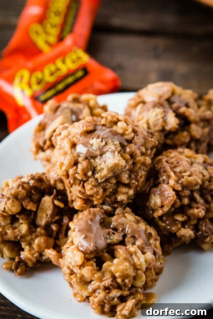 Close-up of freshly made Reese's Krispies treats.