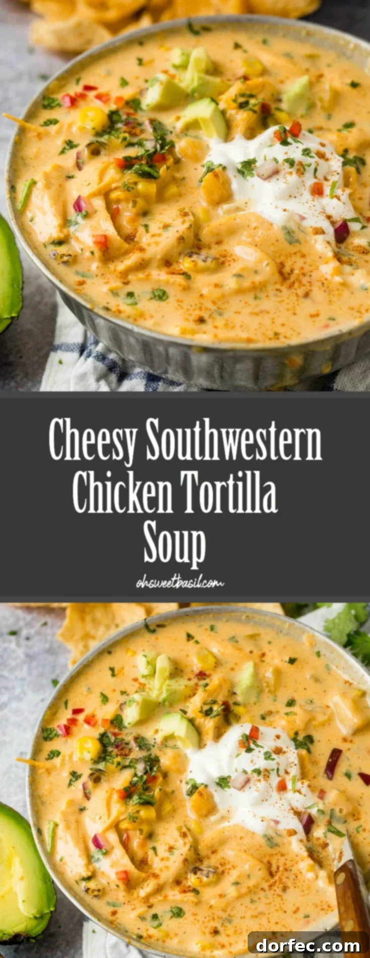 A final, appetizing shot of a bowl of cheesy chicken tortilla soup, garnished with sour cream and avocado, showcasing its irresistible charm.