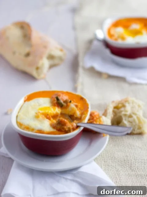 Shirred Eggs 2 Delicious baked egg dish with rich tomato sauce and fresh herbs, ready to be served