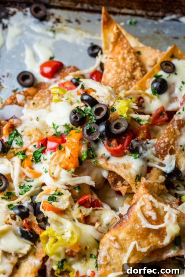 Crispy fried wontons loaded with creamy Alfredo sauce, shredded chicken, colorful peppers, and melted cheese, creating the ultimate Italian Nachos experience.