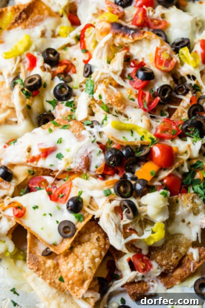 An enticing close-up of Italian Nachos, highlighting the generous toppings of olives, chicken, cheese, Alfredo sauce, and colorful peppers.