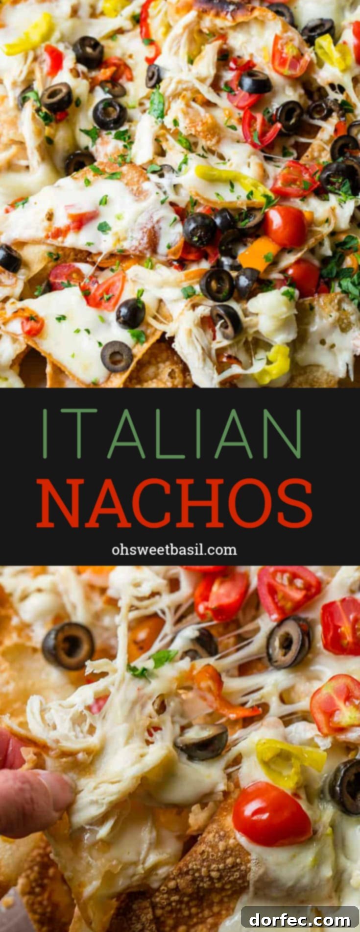A beautifully arranged serving of Italian Nachos, glistening with Alfredo sauce and melted cheese, perfect for sharing.