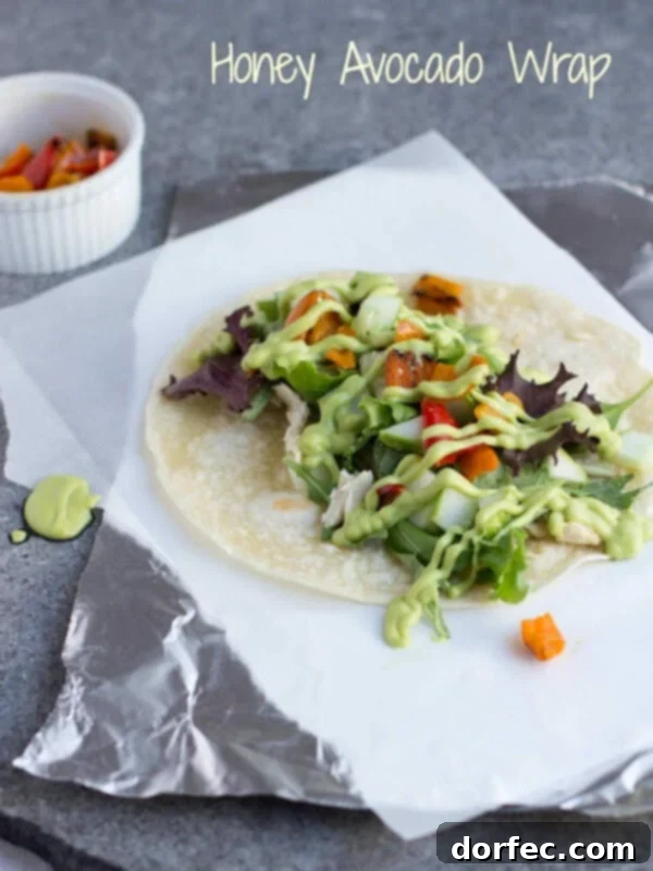 Delicious Honey Avocado Wrap. Features creamy honey avocado dressing on fresh ingredients for a healthy and satisfying meal.