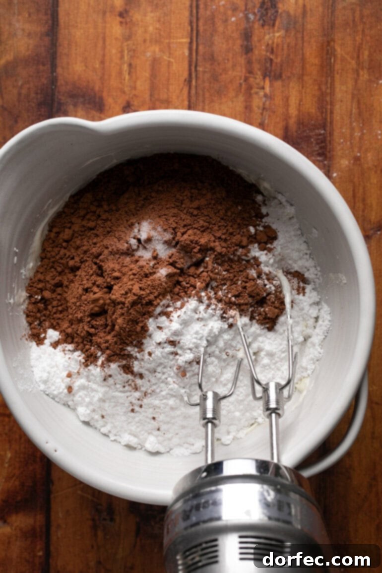 The process of adding unsweetened cocoa powder, powdered sugar, vanilla extract, and a pinch of salt to the creamed butter and cream cheese, ready to be beaten into a rich chocolate frosting.
