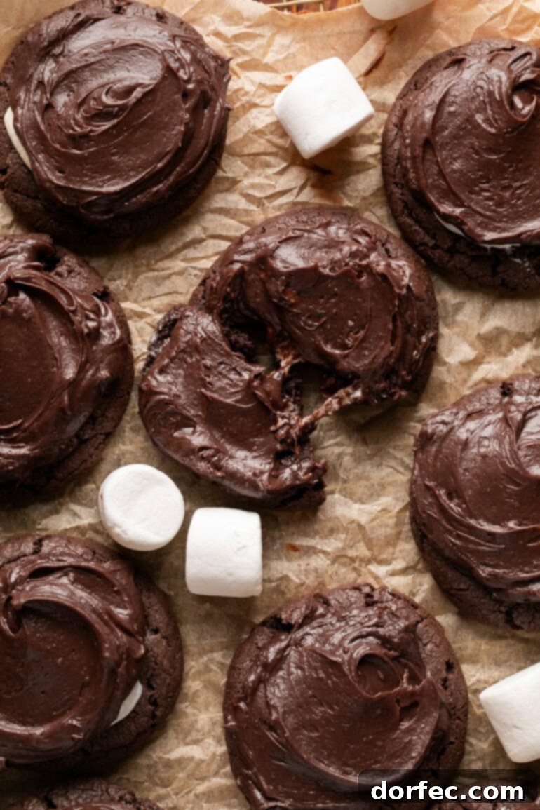 An inviting overhead shot of numerous chocolate marshmallow cookies, generously topped with creamy chocolate frosting, arranged appealingly to highlight their decadent nature and rich texture.