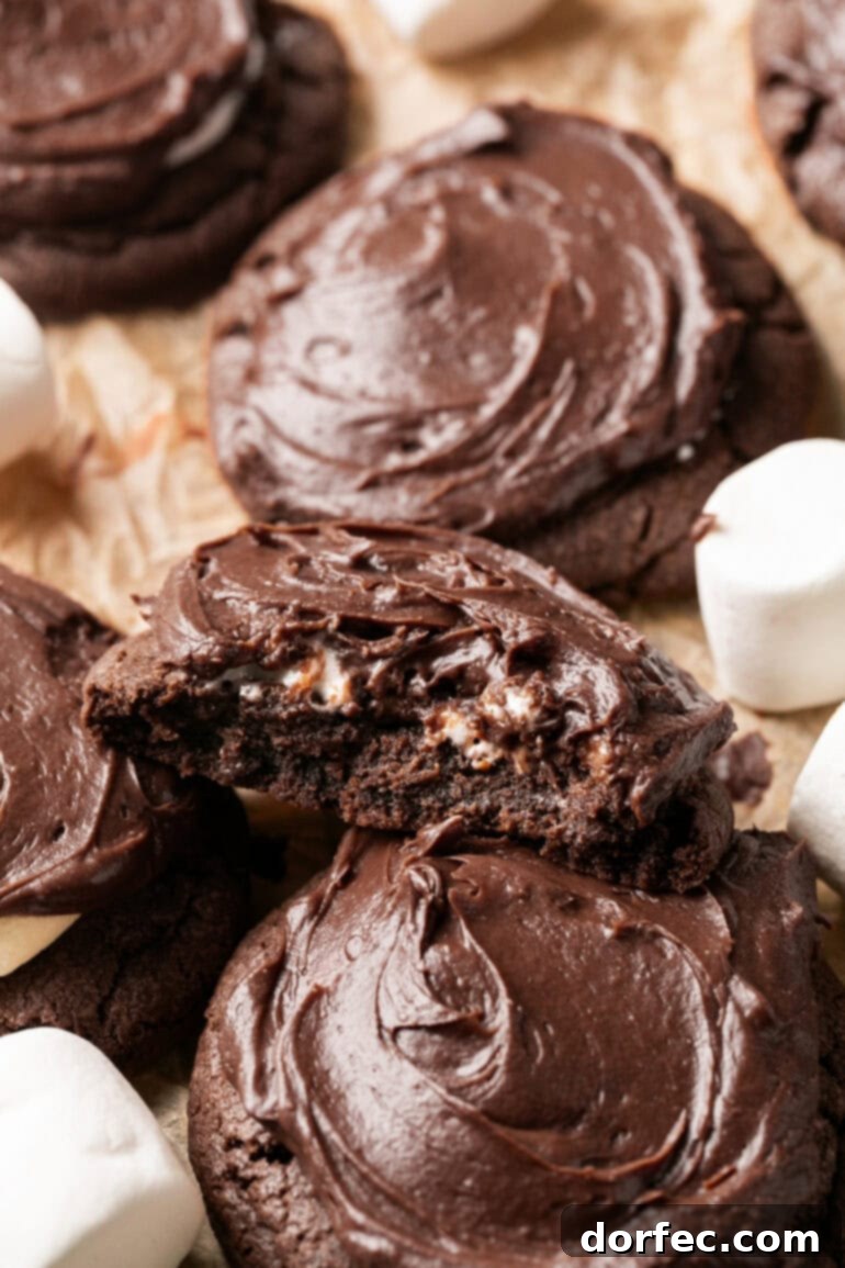 A close-up shot of a thick, frosted chocolate marshmallow cookie with a bite taken out, revealing the soft, gooey marshmallow nestled within the rich chocolate cookie base, emphasizing its irresistible texture.