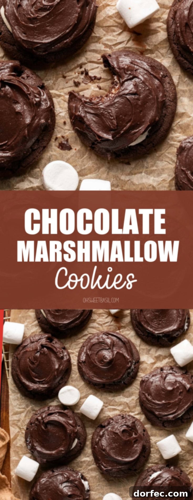 A top-down view of several chocolate marshmallow cookies, some generously frosted and others displaying their roasted marshmallow tops, artfully scattered on rustic parchment paper with loose marshmallows, emphasizing their comforting and indulgent nature.