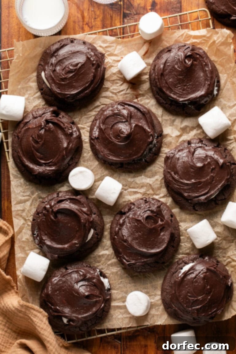 A close-up of several rich chocolate marshmallow cookies, some frosted and some with just the melted marshmallow, arranged on parchment paper with loose marshmallows, showcasing their delightful texture and inviting appeal.