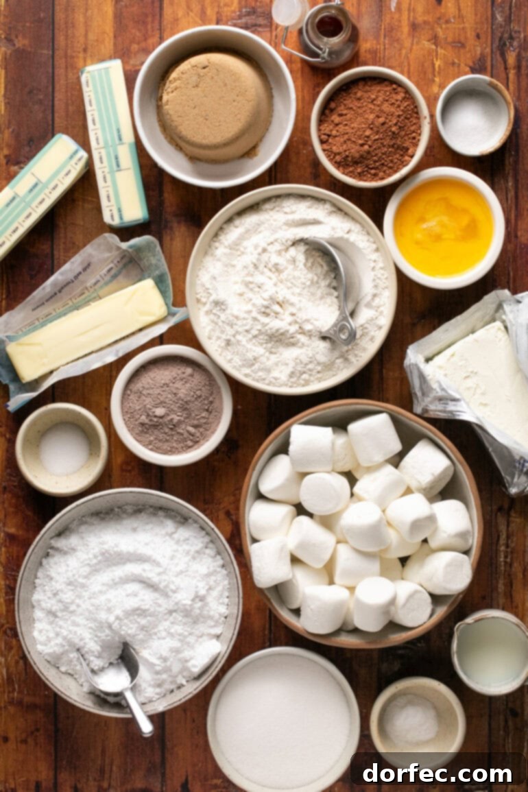 A top-down photo of small bowls meticulously arranged with all the ingredients required for baking chocolate marshmallow cookies, including butter, sugars, flour, cocoa, and pudding mix, highlighting the organized preparation.