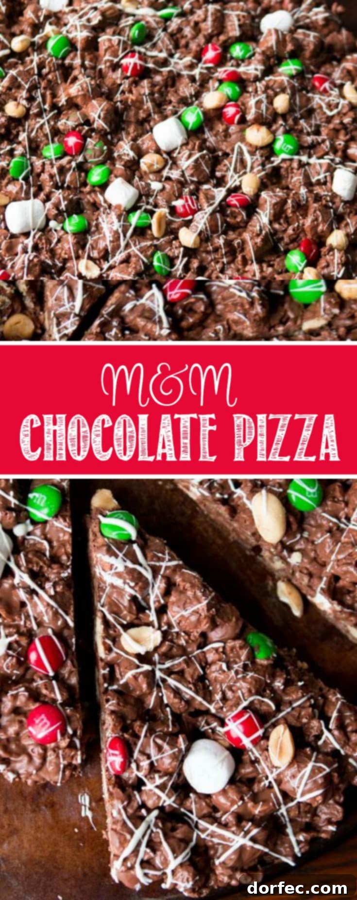 M&M's Chocolate Pizza 3 A beautifully set M&M chocolate pizza, expertly sliced into wedges, ready to be served at a festive holiday gathering.
