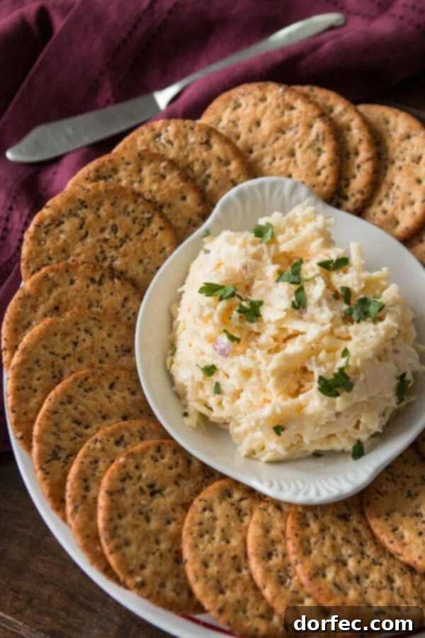 Overhead shot of the Jarlsberg cheese dip in a white bowl, surrounded by various dippers including crackers, celery, and bell peppers.