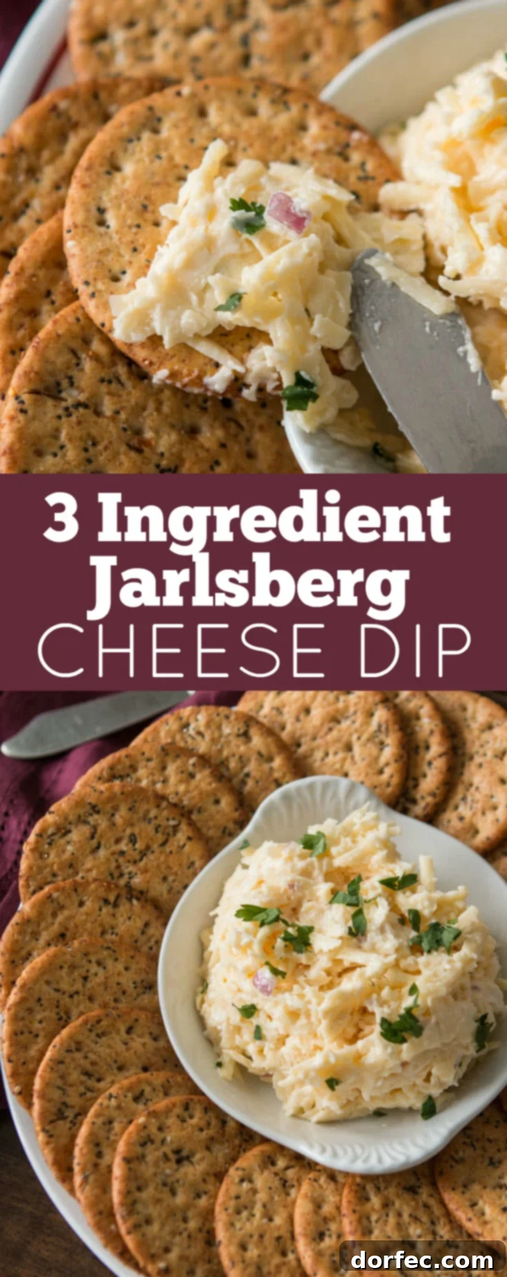 A beautifully presented Jarlsberg cheese dip on a wooden board with an assortment of gourmet crackers and fresh herbs.