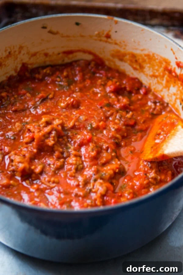 homemade spaghetti sauce in blue dutch oven