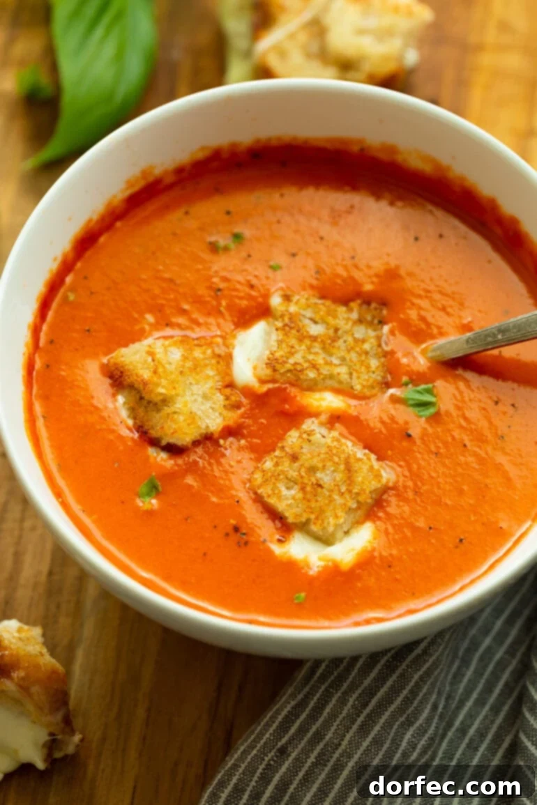 Roasted Tomato Basil Soup with Grilled Cheese Bites 2 A photo of a bowl of rich, red tomato basil soup, adorned with three golden-brown grilled cheese bites and a spoon, inviting a comforting culinary experience.