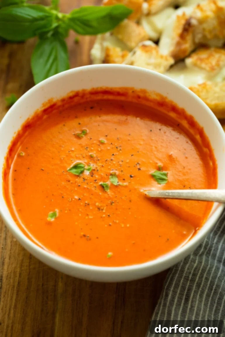 Roasted Tomato Basil Soup with Grilled Cheese Bites 3 A detailed close-up of a bowl of creamy tomato basil soup, garnished with freshly ground black pepper and finely minced fresh basil, showcasing its inviting texture and vibrant color.
