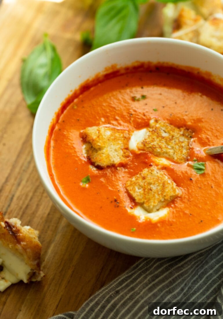 Roasted Tomato Basil Soup with Grilled Cheese Bites 4 A vibrant bowl of homemade tomato basil soup, topped generously with three golden grilled cheese bites and fresh minced basil leaves, ready to be enjoyed.