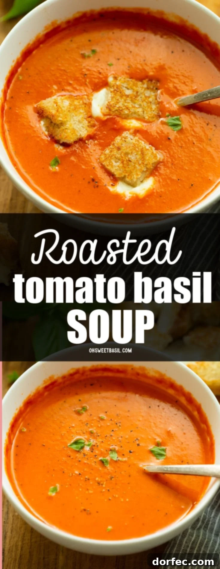 Roasted Tomato Basil Soup with Grilled Cheese Bites 6 A photo of a bowl of tomato basil soup with three grilled cheese bites floating on the top and fresh minced basil leaves on top