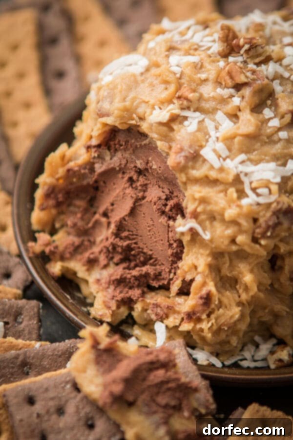 Love German chocolate cake? Especially that sticky coconut frosting? This German Chocolate Cake Cheese Ball is way easier than cake but just as delicious! ohsweetbasil.com