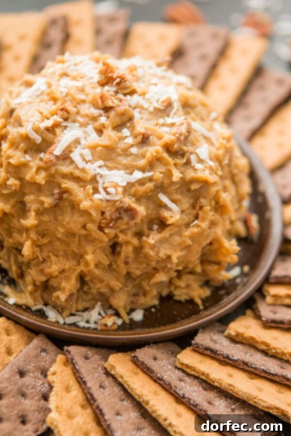 Love German chocolate cake? Especially that sticky coconut frosting? This German Chocolate Cake Cheese Ball is way easier than cake but just as delicious! ohsweetbasil.com